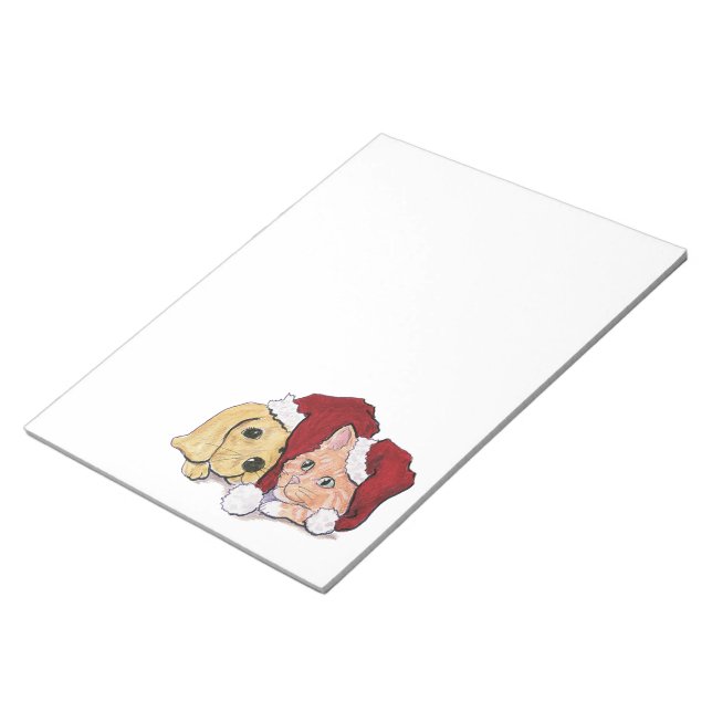 Cute Christmas Labrador Puppy and Orange Tabby Notepad (Angled)
