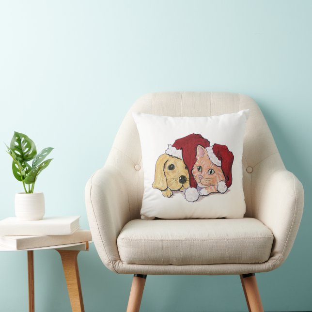 Cute Christmas Labrador Puppy and Orange Tabby Throw Pillow (Chair)