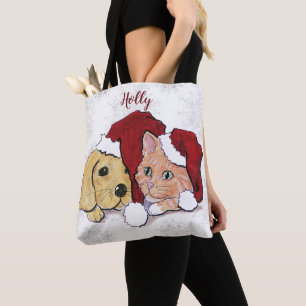 Cute Christmas Labrador Puppy and Orange Tabby Tote Bag