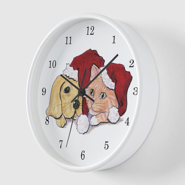 Cute Christmas Labrador Puppy and Orange Tabby Wall Clock (Angle)