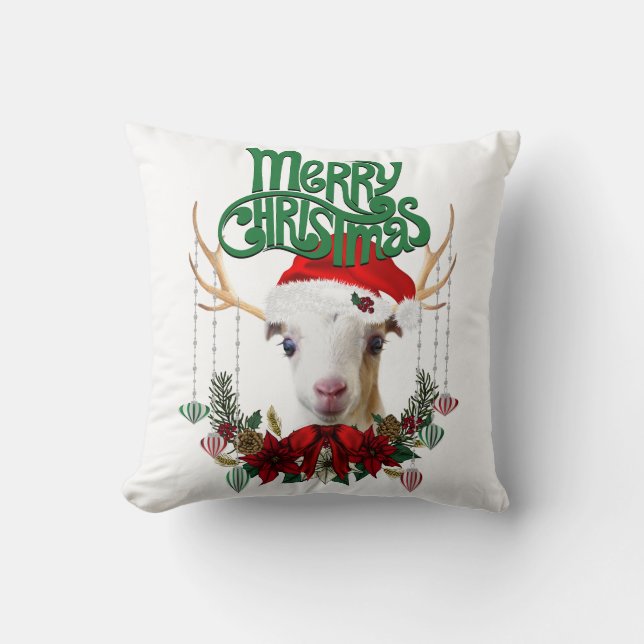 Cute Christmas LaMancha Goat Antlers and Wreath Throw Pillow (Front)