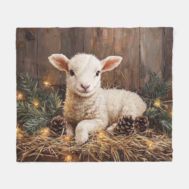 Cute Christmas Lamb Rustic Painting Fleece Blanket (Front (Horizontal))