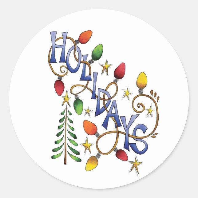 Cute Christmas, Lights and Stars with Holiday Text Classic Round Sticker (Front)