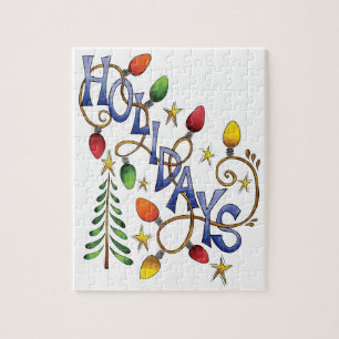 Cute Christmas, Lights and Stars with Holiday Text Jigsaw Puzzle