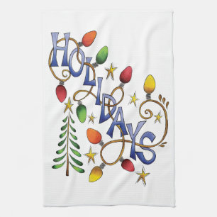 Cute Christmas, Lights and Stars with Holiday Text Kitchen Towel