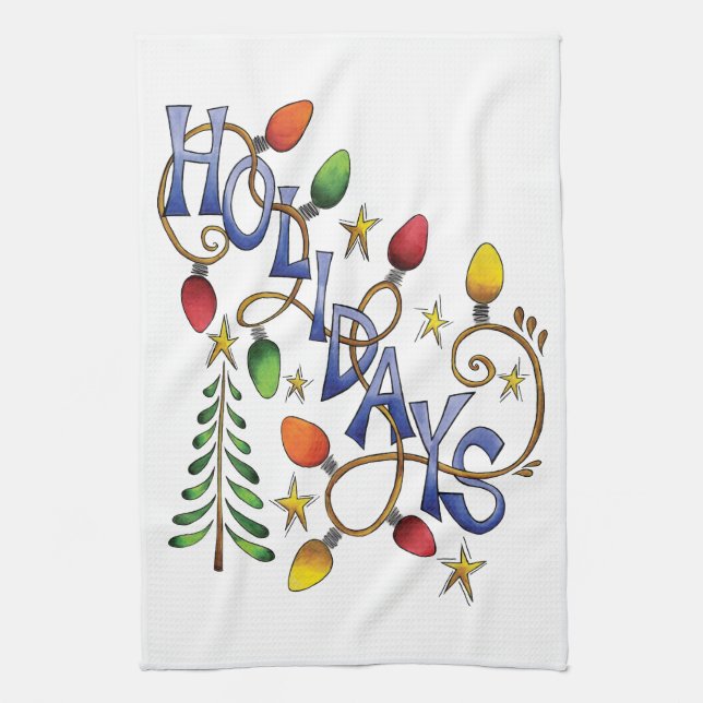Cute Christmas, Lights and Stars with Holiday Text Kitchen Towel (Vertical)