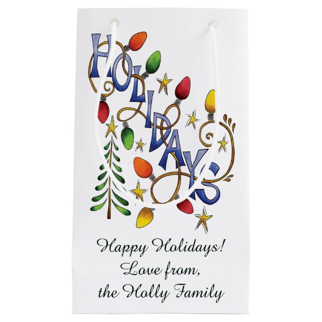 Cute Christmas, Lights and Stars with Holiday Text Small Gift Bag (Front)