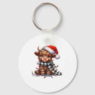 Cute Christmas Lights Highland Cow Funny Christmas Keychain