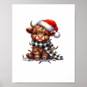 Cute Christmas Lights Highland Cow Funny Christmas Poster