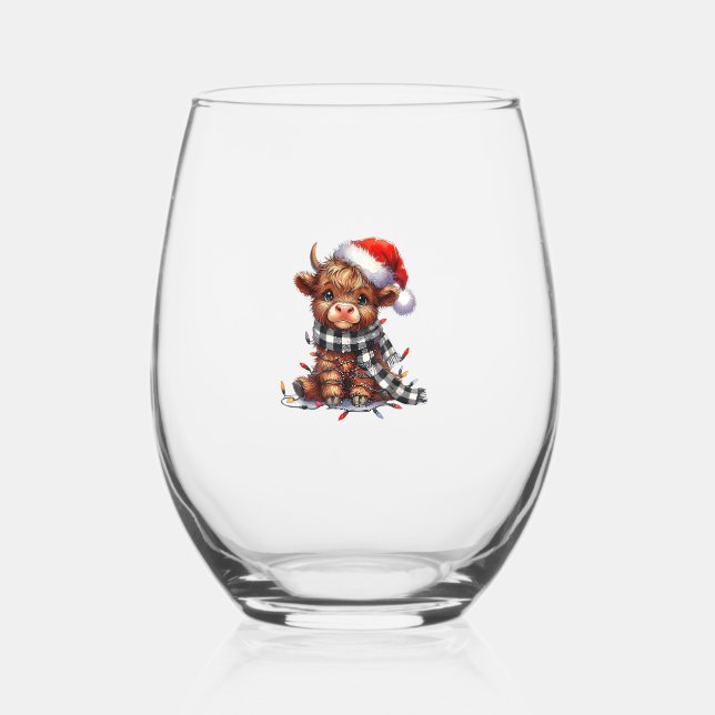 Cute Christmas Lights Highland Cow Funny Christmas Stemless Wine Glass (Front)