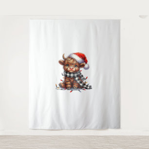 Cute Christmas Lights Highland Cow Funny Christmas Tapestry