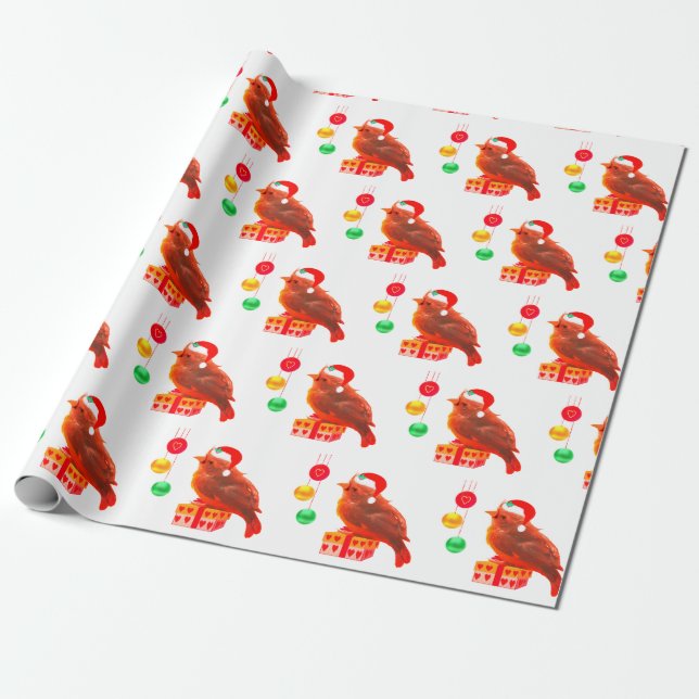 Cute Christmas Little Bird Wrapping Paper (Unrolled)