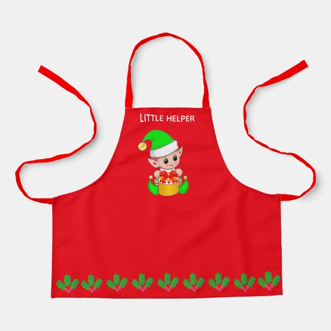 Cute Christmas little helper elf on red Apron (Front)