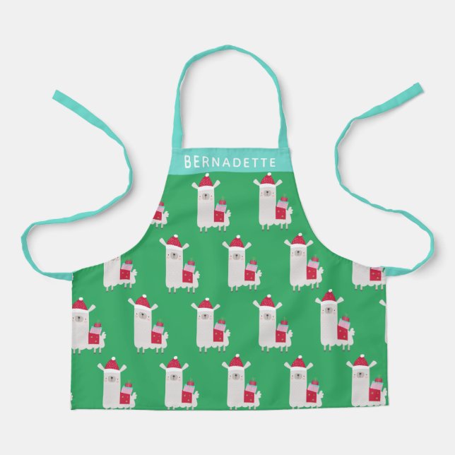 Cute Christmas Llama in Green Personalized Apron (Front)