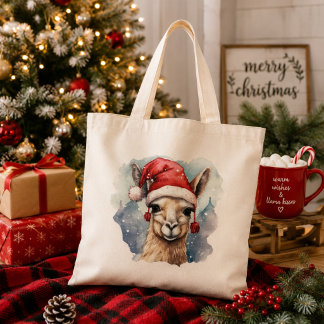 Cute Christmas Llama Watercolor Holiday Tote Bag