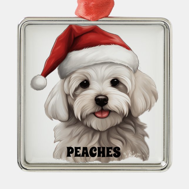 CUTE CHRISTMAS MALTESE DOG WITH SANTA HAT METAL ORNAMENT (Front)
