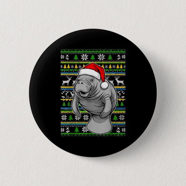 Cute Christmas Manatee Shirt, Manatee Ugly Xmas Sw 2 Inch Round Button (Front)