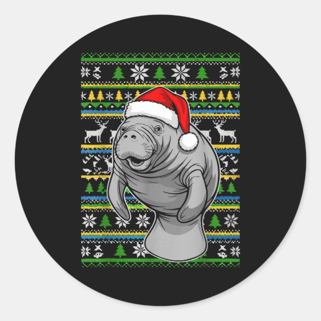 Cute Christmas Manatee Shirt, Manatee Ugly Xmas Sw Classic Round Sticker (Front)