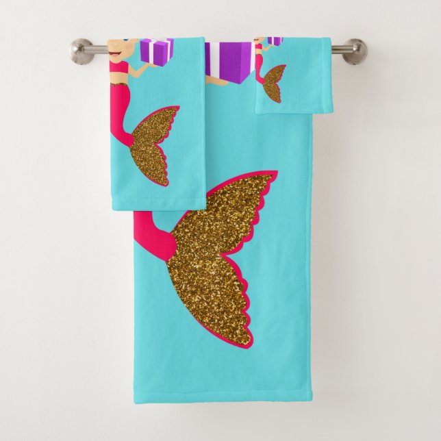 Cute Christmas Mermaid Girl Santa Hat in Sea  Bath Towel Set (Insitu)