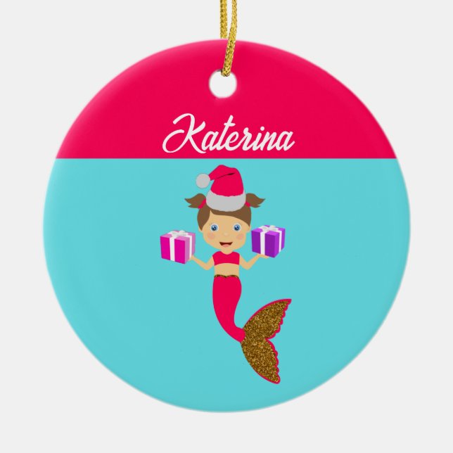 Cute Christmas Mermaid Girl Santa Hat in Sea Ceramic Ornament (Front)