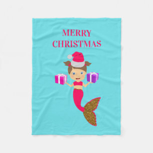 Cute Christmas Mermaid Girl Santa Hat in Sea   Fleece Blanket