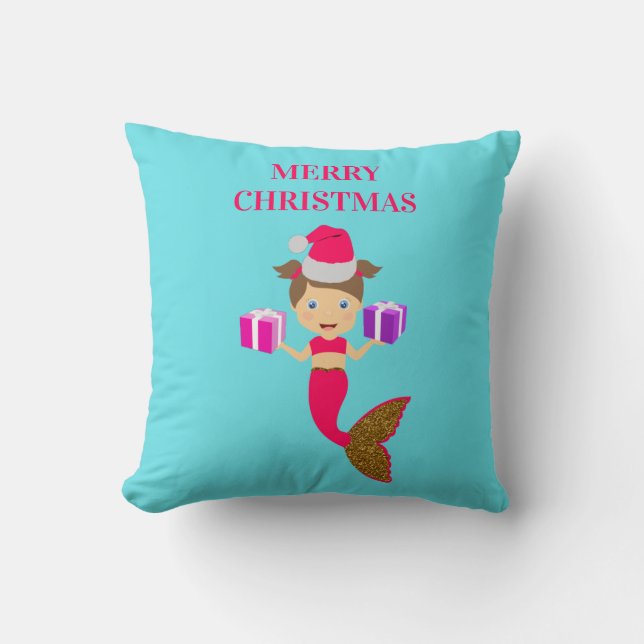 Cute Christmas Mermaid Girl Santa Hat in Sea  Throw Pillow (Front)