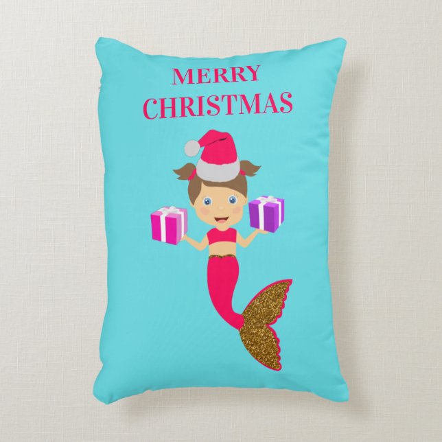Cute Christmas Mermaid Girl Santa Hat in Sea Xmas Accent Pillow (Front(Vertical))