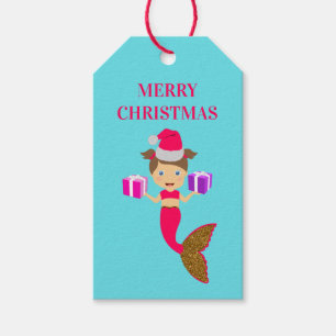 Cute Christmas Mermaid Girl Santa Hat in Sea Xmas Gift Tags