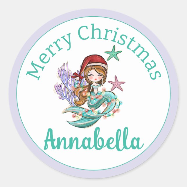 Cute Christmas Mermaid in Santa Hat on Purple Classic Round Sticker (Front)