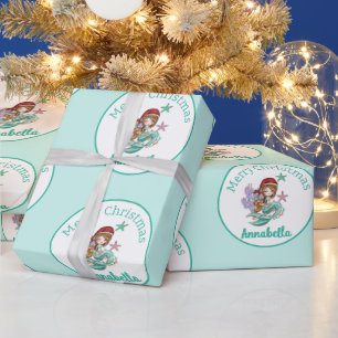 Cute Christmas Mermaid in Santa Hat on Teal Wrapping Paper