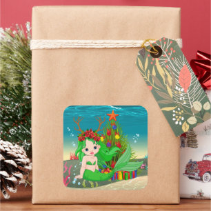Cute Christmas mermaid seaweed tree Square Sticker