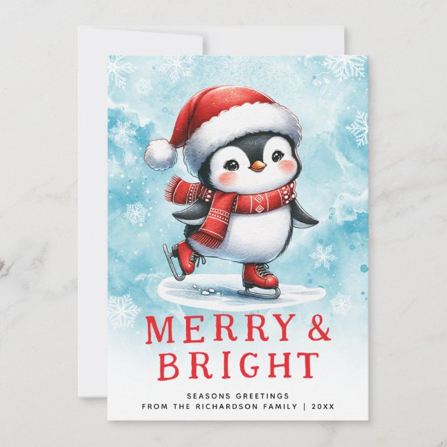 Cute Christmas Merry & Bright Ice Skating Penguin Holiday Card (Front)