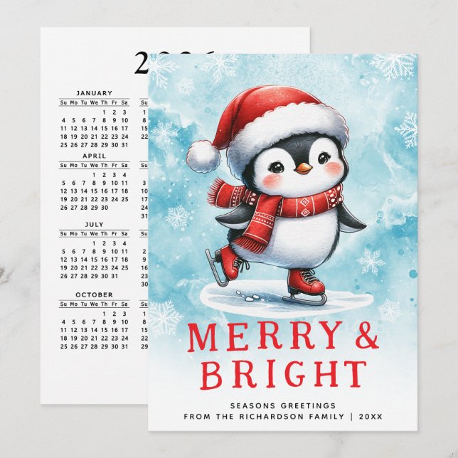 Cute Christmas Merry & Bright Ice Skating Penguin Holiday Card (Front/Back)