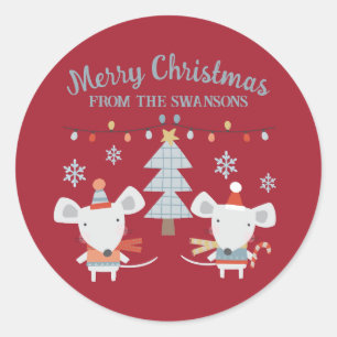 Cute Christmas Mice and Tree on Burgundy Red Classic Round Sticker