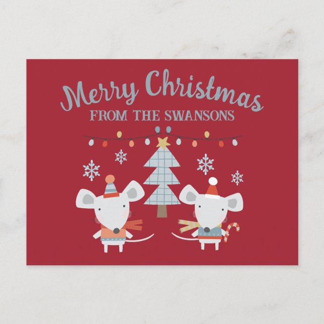 Cute Christmas Mice and Tree on Burgundy Red Postcard (Front)