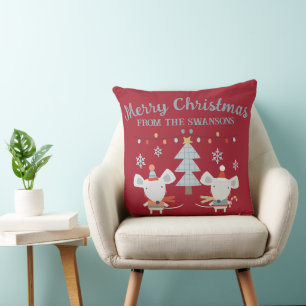Cute Christmas Mice and Tree on Burgundy Red Throw Pillow