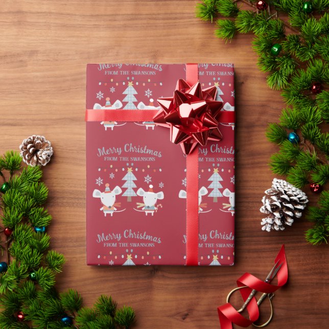 Cute Christmas Mice and Tree on Burgundy Red Wrapping Paper (Holiday Gift)