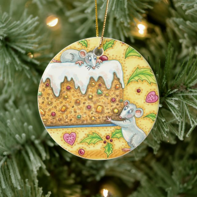 Cute Christmas Mice Carrying a Fruit Cake Dessert Ceramic Ornament (Tree)
