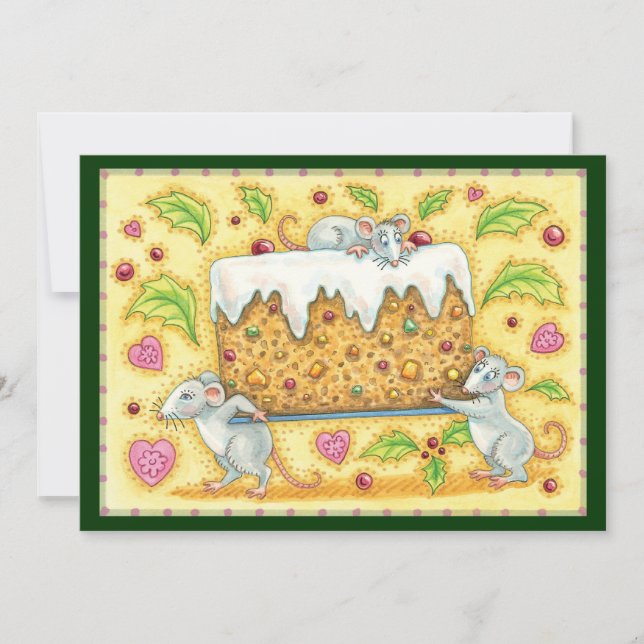 Cute Christmas Mice Carrying a Fruit Cake Dessert Holiday Card (Front)