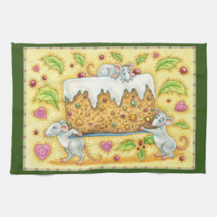 Cute Christmas Mice Carrying a Fruit Cake Dessert Kitchen Towel