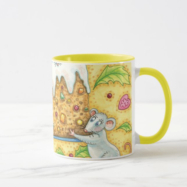 Cute Christmas Mice Carrying a Fruit Cake Dessert Mug (Right)