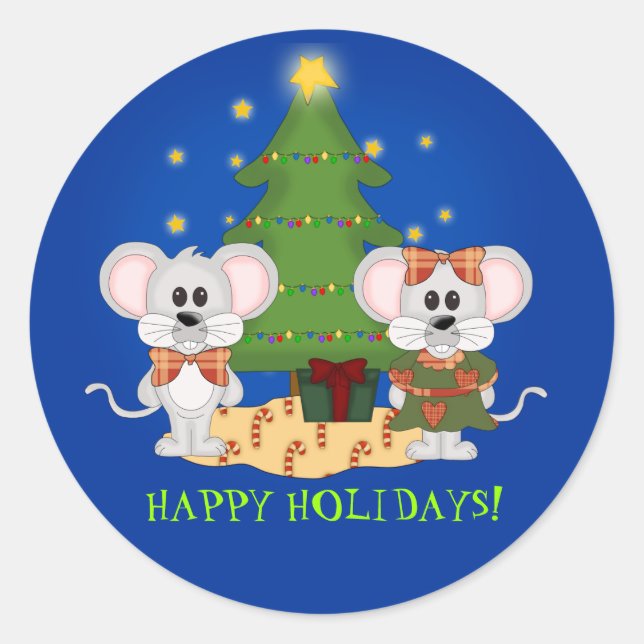Cute Christmas Mice with Customizable Text Classic Round Sticker (Front)