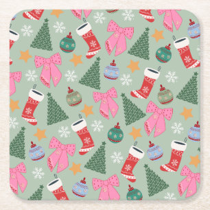 Cute Christmas Mint Green Square Paper Coaster