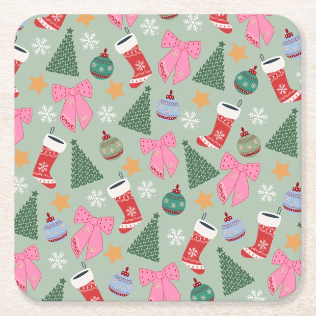 Cute Christmas Mint Green Square Paper Coaster (Front)