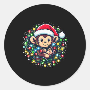 Cute Christmas Monkey Santa Hat Lights Monkey Wome Classic Round Sticker