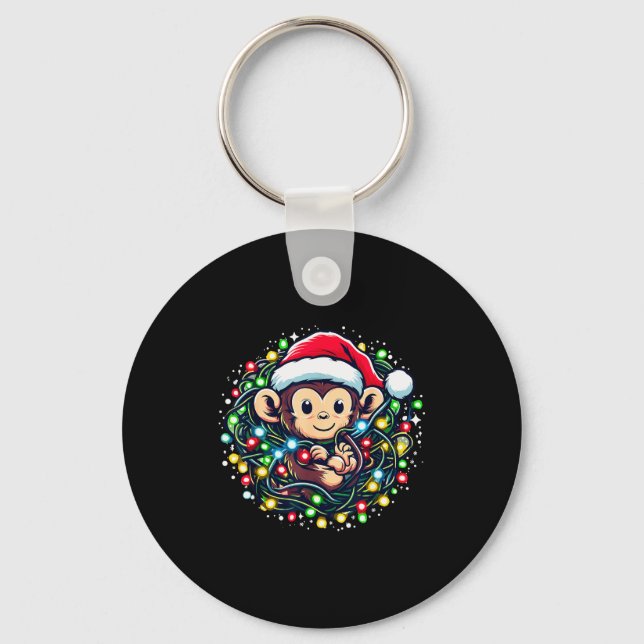 Cute Christmas Monkey Santa Hat Lights Monkey Wome Keychain (Front)