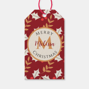 Cute Christmas Monogram Burgundy Berries & Leaves Gift Tags