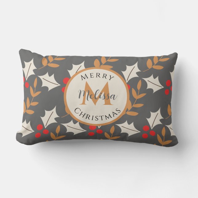 Cute Christmas Monogram Grey/Grey Holly Mistletoe Lumbar Pillow (Front)
