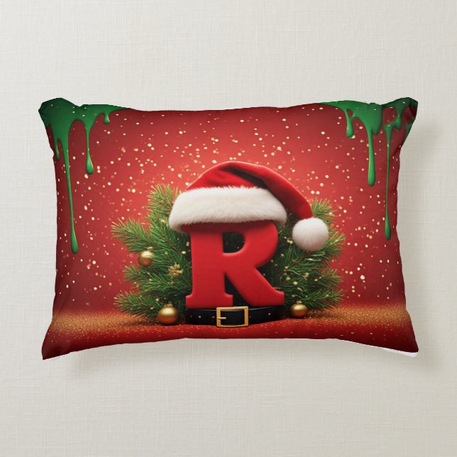 Cute Christmas Monogram R with Santa Hat Accent Pillow (Front)