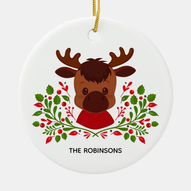 Cute Christmas Moose Photo Ceramic Ornament (Front)